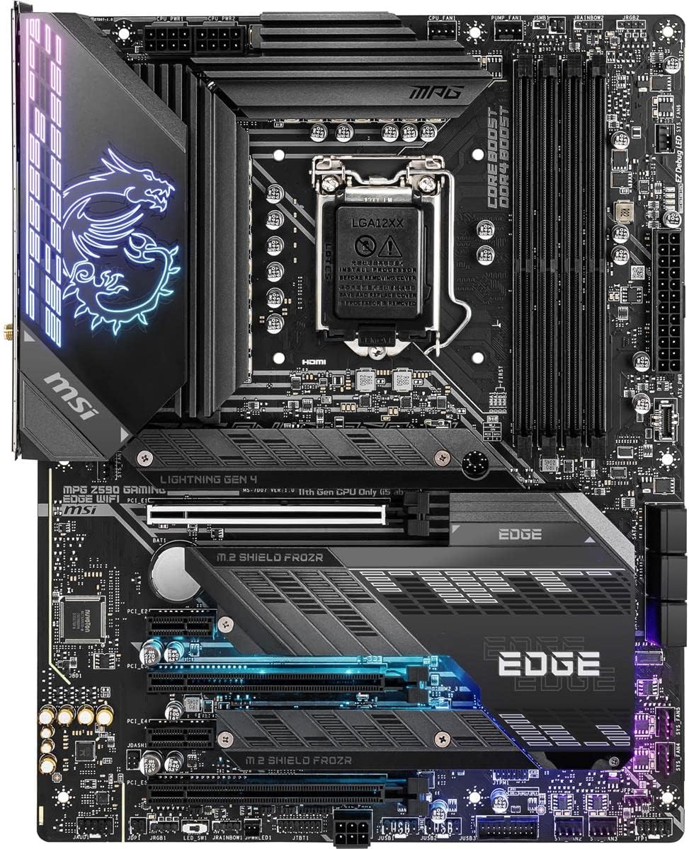 MSI MPG Z590 Gaming Edge WiFi Gaming Motherboard (ATX, 11th/10th Gen Intel Core, LGA 1200 Socket, DDR4, PCIe 4, CFX, M.2 Slots, USB 3.2 Gen 2, Wi-Fi 6E, DP/HDMI, Mystic Light RGB)