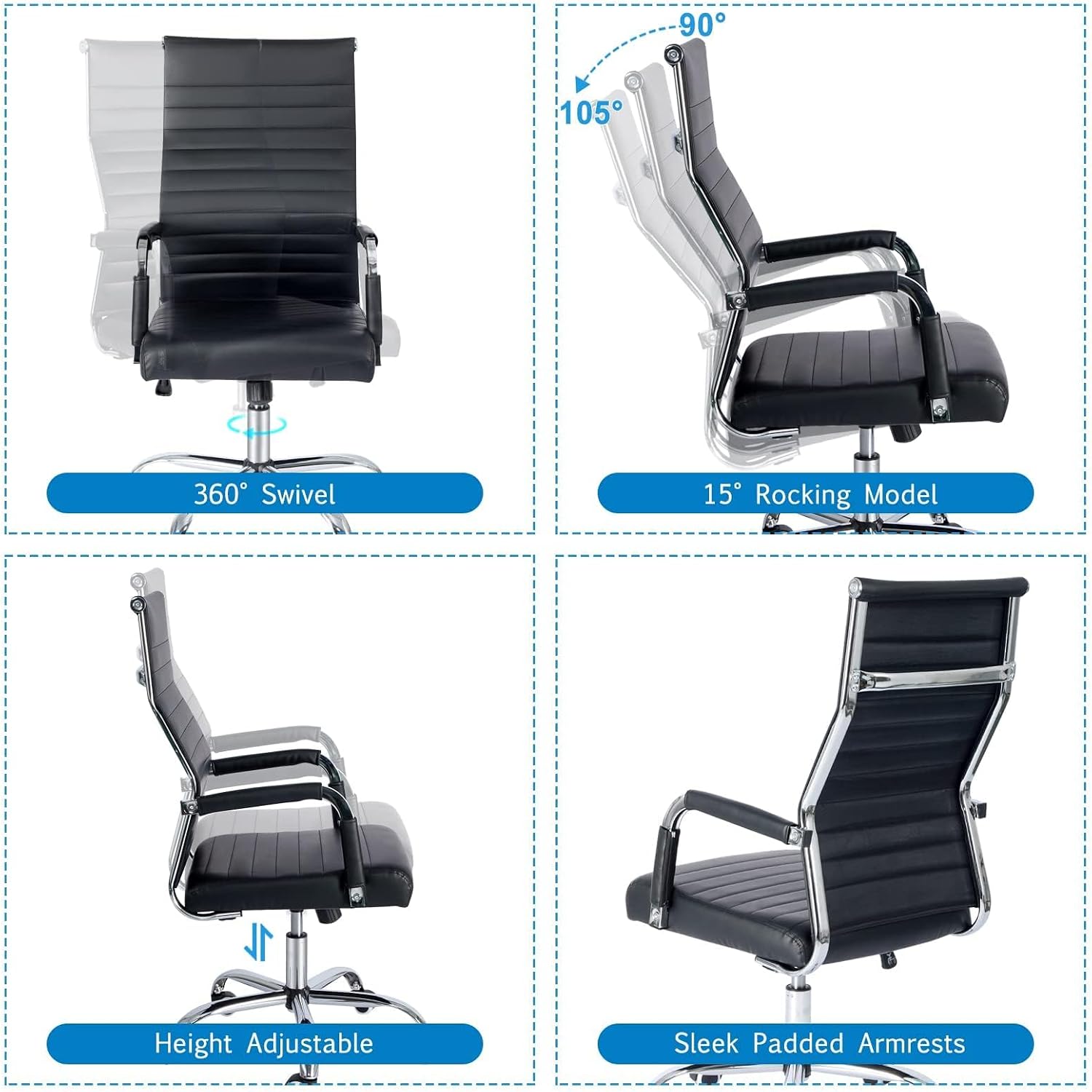 LUCKWIND Office Desk Chair, Executive Ribbed Task Chair, High-Back Leather Conference Ergonomic Chair, Swivel Arm Chair, Height Adjustable & Tilt Rocker (Black)