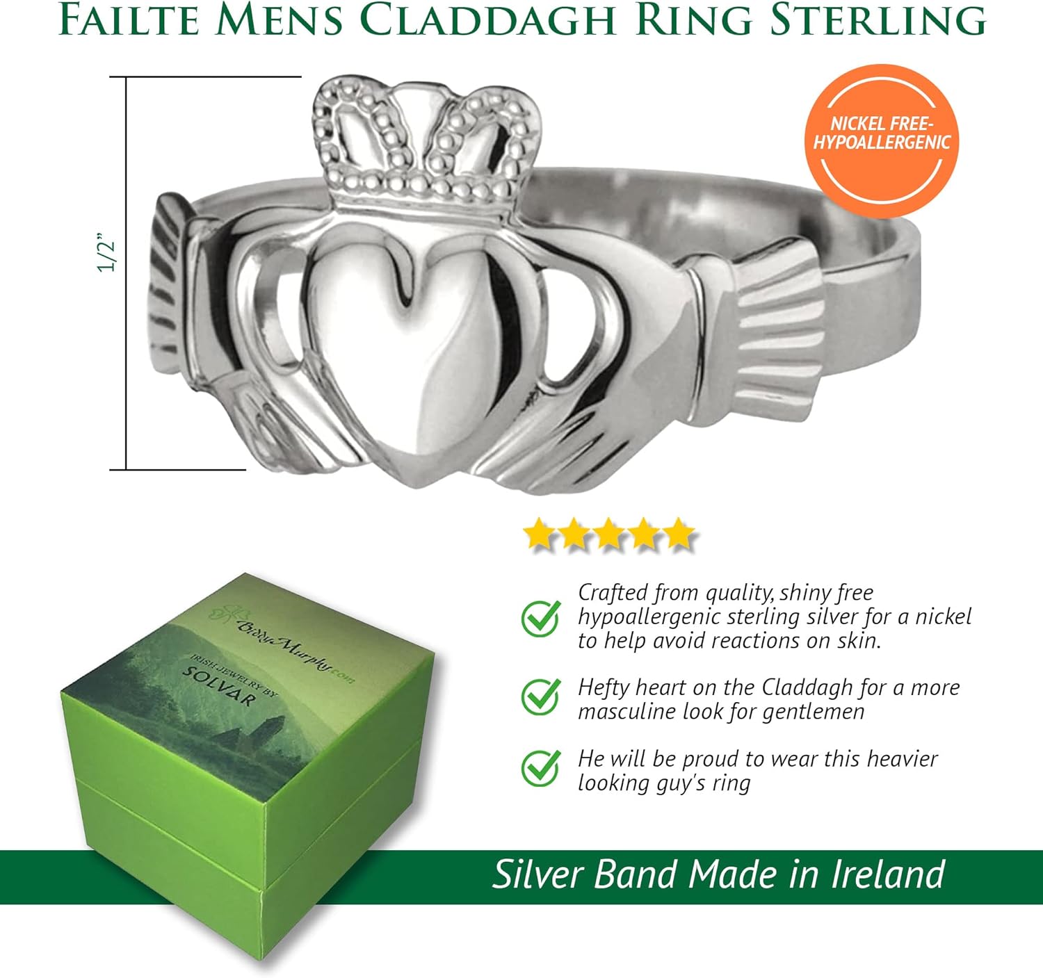Mens Claddagh Ring Sterling Silver Puffed Band Made in Ireland