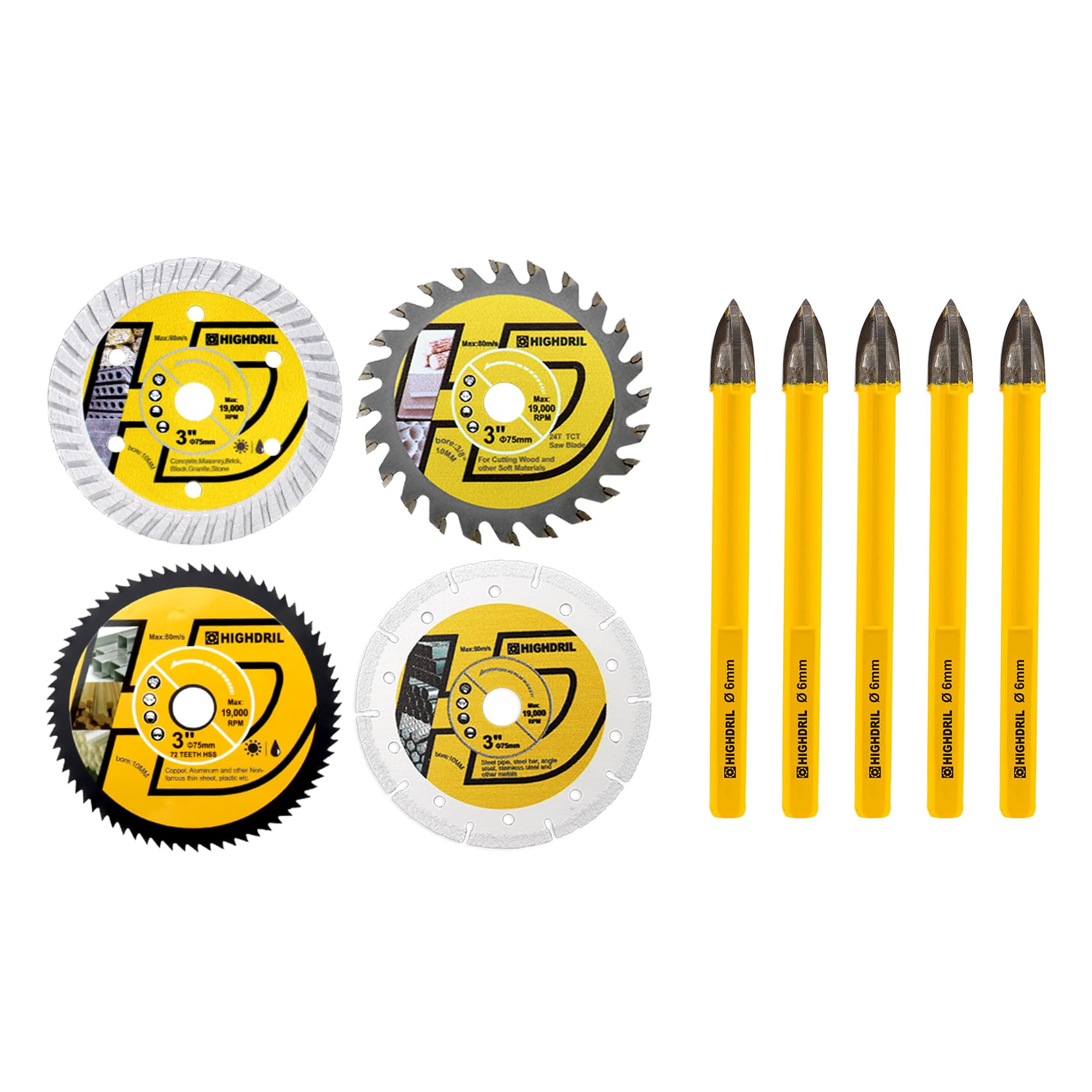 HIGHDRIL 3" 75mm Circular Saw Blade Set 4pcs - Diamond/HSS/TCT Cutting Disc for Angle Grinder Cutting Soft Metal Copper Aluminum Granite Tile Plastic Wood