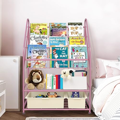 Miniatura 9 de aboxoo Estantería para niños independiente de esquina, estantería de metal de 5 niveles, rosa de 25 pulgadas para almacenamiento en habitación de