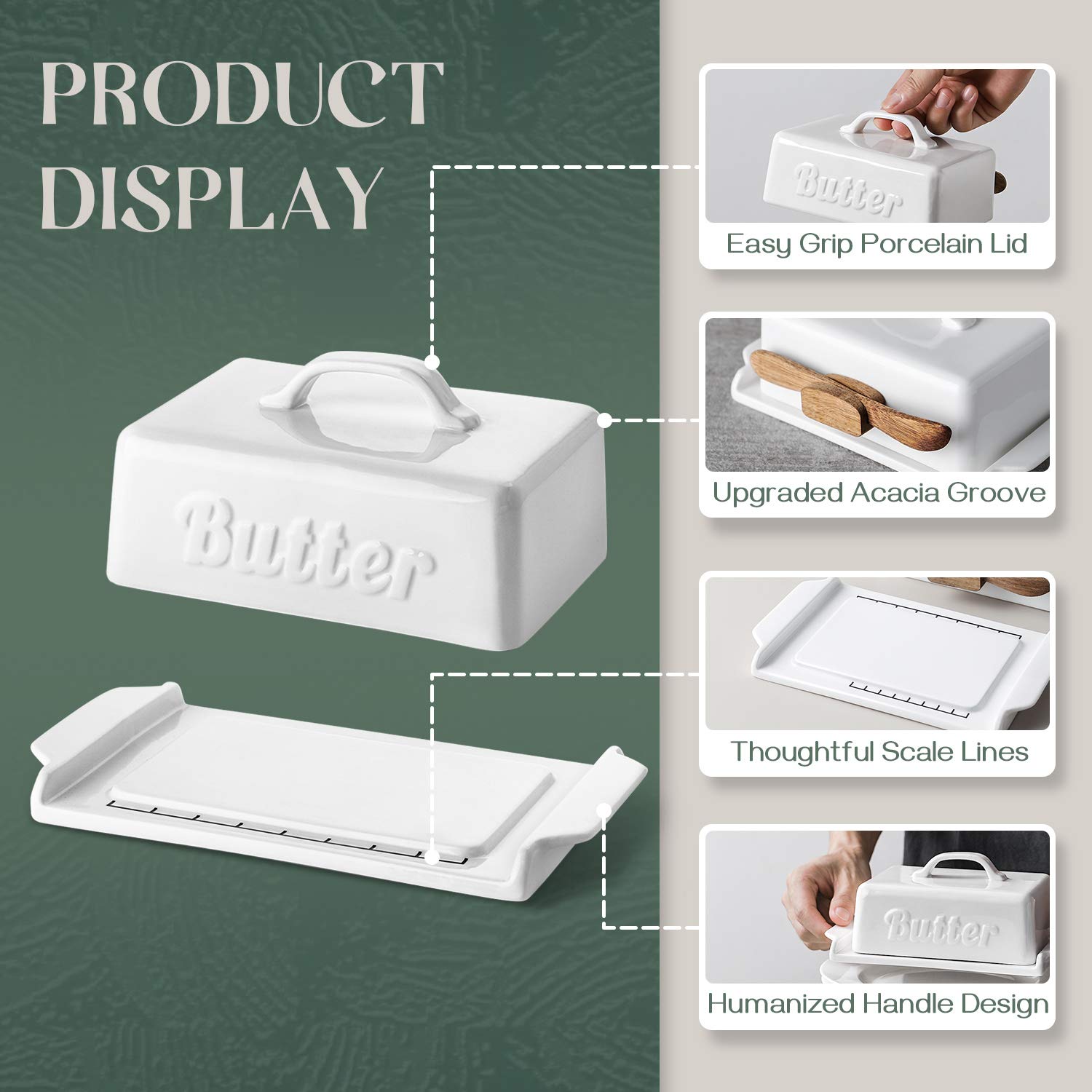 DOWAN Butter Dish Porcelain Butter Dish with Knife, Cutting