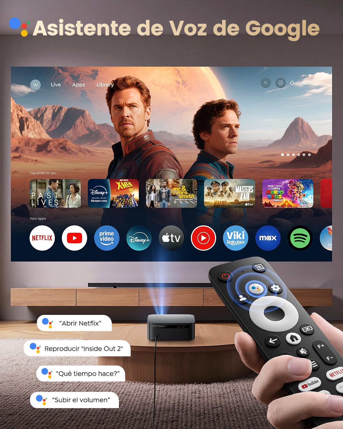 Proyector 4K【1500 ANSI/Google TV/Netflix Ready】 WiMiUS Proyector Full HD 1080P Nativo, Auto Focus/Keystone, WiFi 6&Bluetooth 5.2, Control de Voz Projector en Casa/Exterior (Negro)