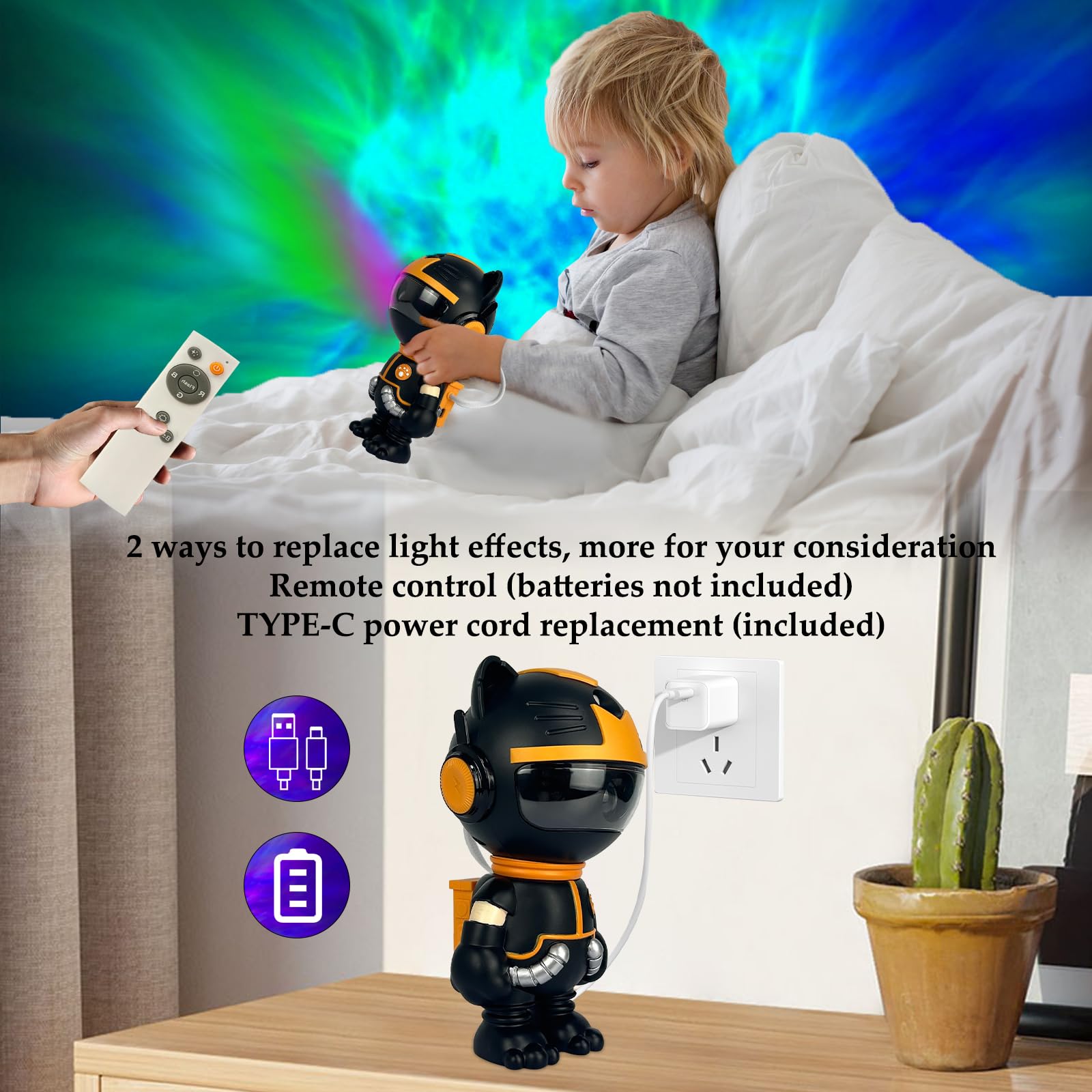 Lampada LED Gatto Astronauta Proiettore Stelle,Proiettore Lampada LED Ricaricabile per Bambini Girevole a 360°,Luce Notturna Neonato Soffitto Con 12 Effetti Di Luce,Telecomando,Cavo Dati USB