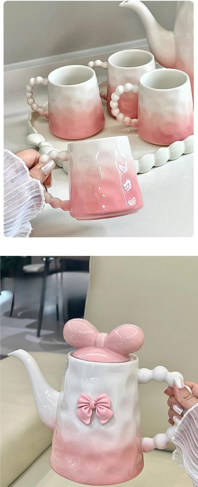 Set Da Tè Per Adulti Casa Bollitore Tazze Di Caffè In Ceramica Latte Mug Teiera Bow Cute Girly Pomeriggio Tazza Tè Set Rosa Gradiente In Tea Set Da Tè Portatili(B)