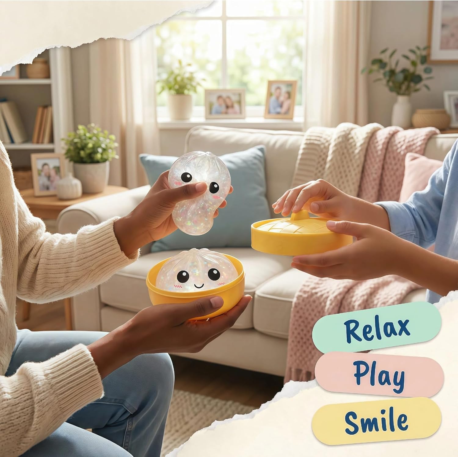 Glitter Dumpling Squishy - Soft TPR Material Anxiety Relief Fidget Toy for Kids and Adults - Mystery Dumpling Squishy Glitter (Gold)