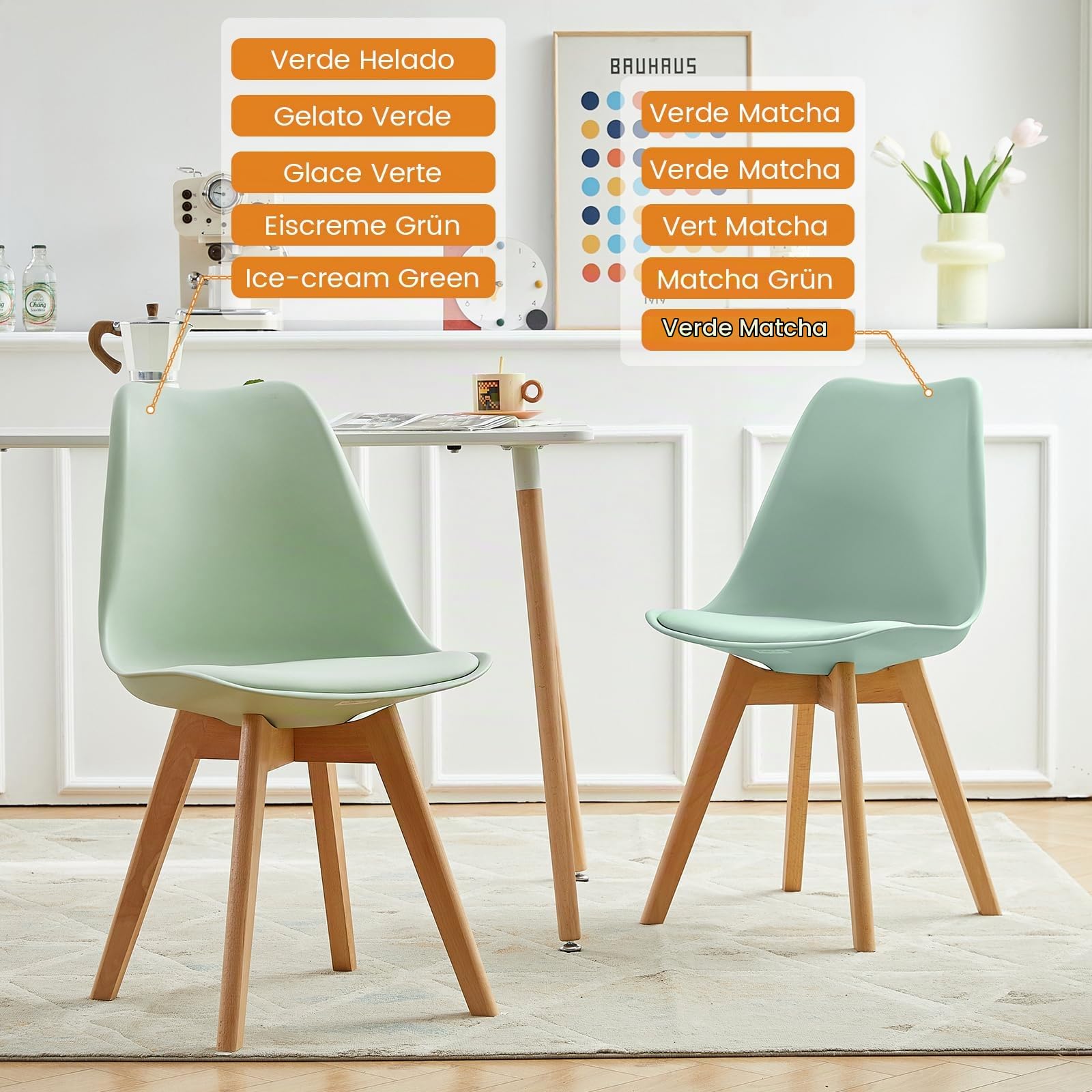 EGGREE Pack de 4 Sillas Comedor, Sillas de Cocina Nórdico con Asiento Tapizado y Las piernas de Madera de Haya Maciza - Verde Helado