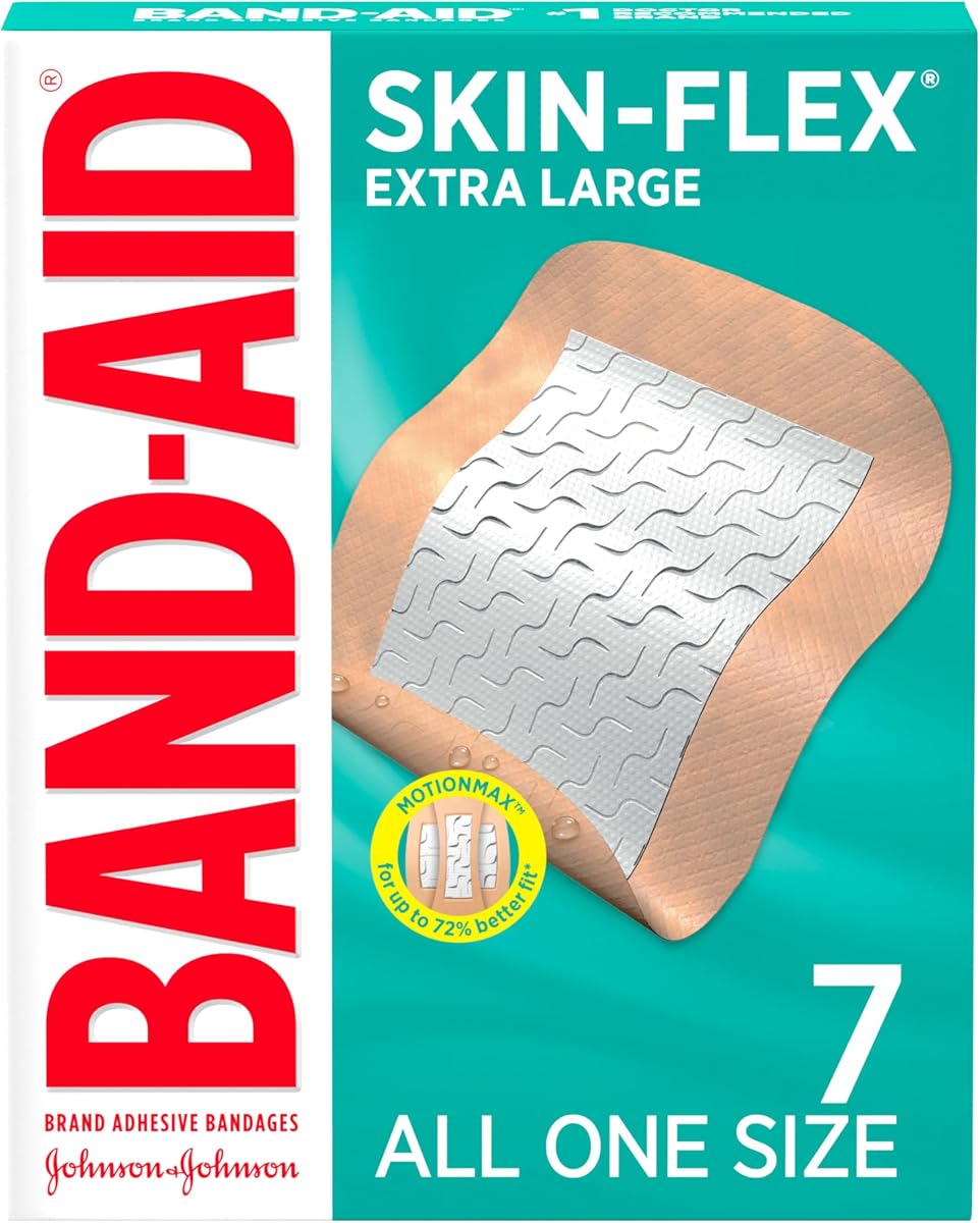 BAND-AID Brand Skin-Flex Adhesive Bandages, Extra Large, 7 Count | Flexible Protection, Sterile Wound Care for Minor Cuts, Scrapes & Burns, First Aid Kit Essential, For Fingers, Hands & Knees