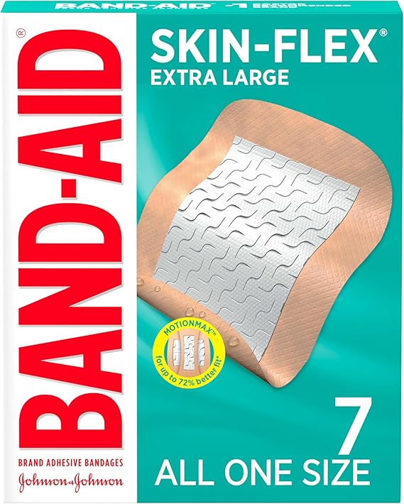 Band-Aid, Brand Skin-Flex Adhesive Bandages for First Aid and Wound Care of Minor Cuts and Scrapes and Burns, Flexible Sterile Bandages for Fingers and Knees, Extra Large, All One Size, 7 Count