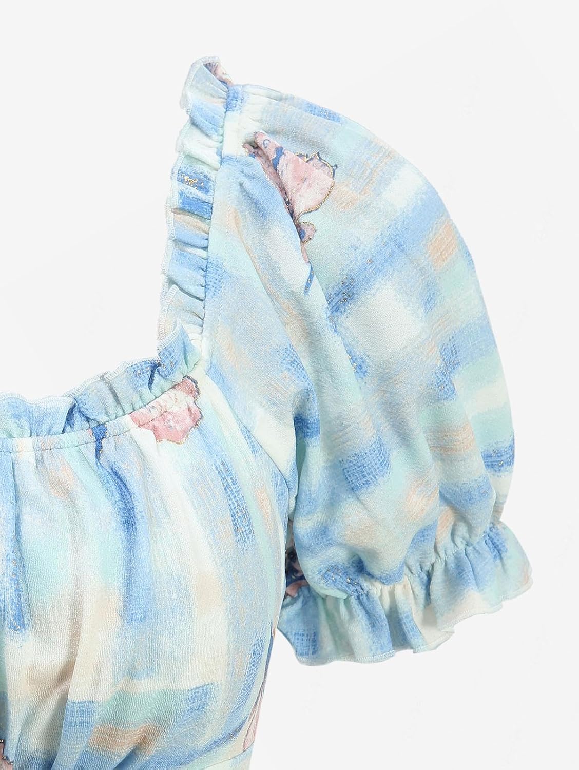 DRESSFO Women Flower Plaid Dress Puff Sleeve Square Neck Lace Up A-Line Ruffles Casual Mini Dress - Image 2