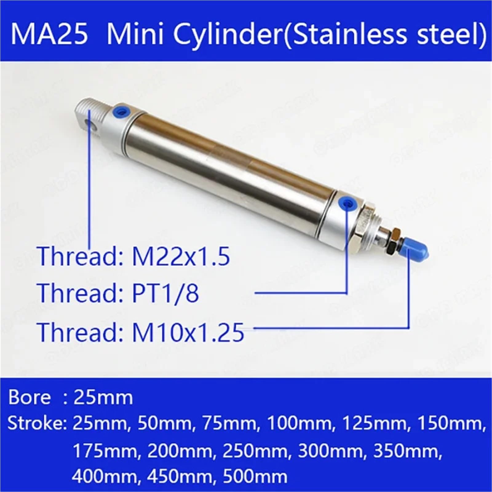 MA25 Pneumatikzylinder Bohrung 25 mm, Hub 25-500 mm, kleiner Kolben aus Edelstahl, Mini-Zylinder mit Doppelwirkung (MA25x75-CA-S)