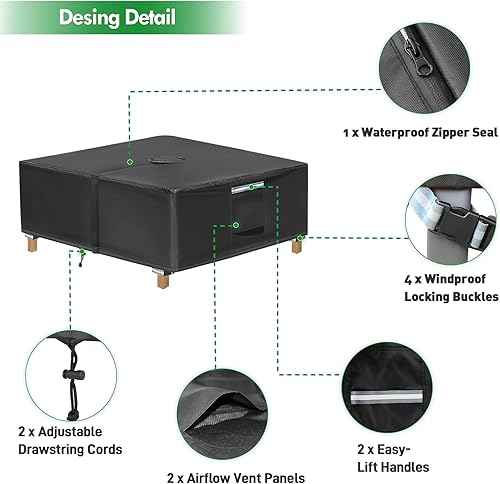 Vista 28 de Funda rectangular para mesa de patio con agujero para paraguas, 108 pulgadas de largo x 82 pulgadas de ancho x 23 pulgadas de alto