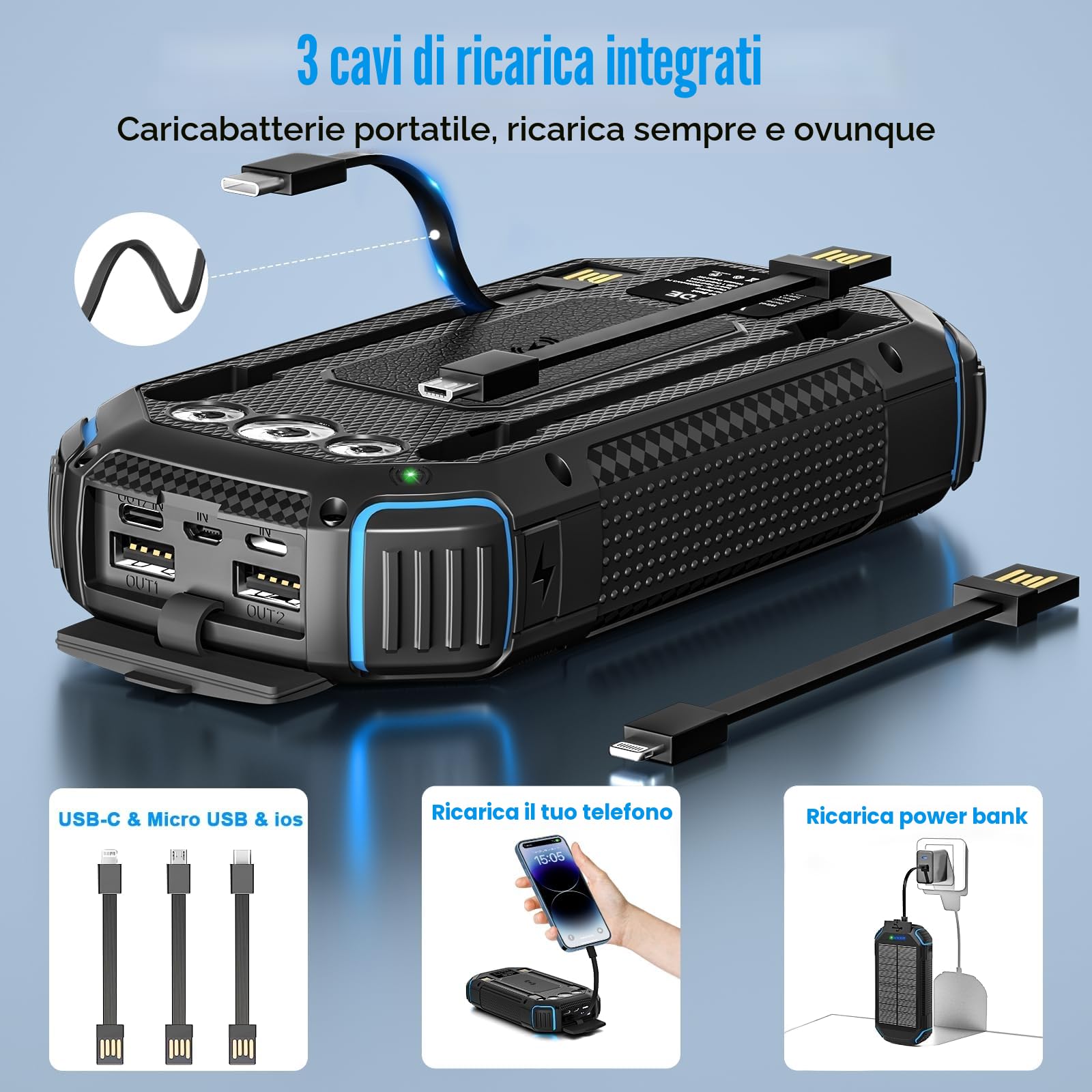 Powerbank solare wireless 26800 mAh con 3 cavi, Power Bank USB-C 15 W, ricarica rapida, 4 uscite, 3 ingressi per cellulare, caricatore solare per esterni, batteria esterna con torcia