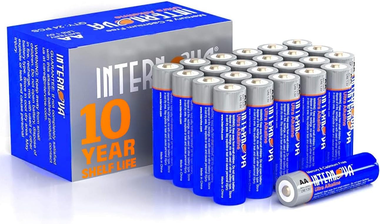 INTERNOVA AA Batteries 24 Pack+ - High Performance Alkaline LR6 1.5V Cells - Easy to Open, Long-Lasting Power for Game Controllers, Flashlights & Cameras - Mercury & Cadmium Free, 10-Year Shelf Life