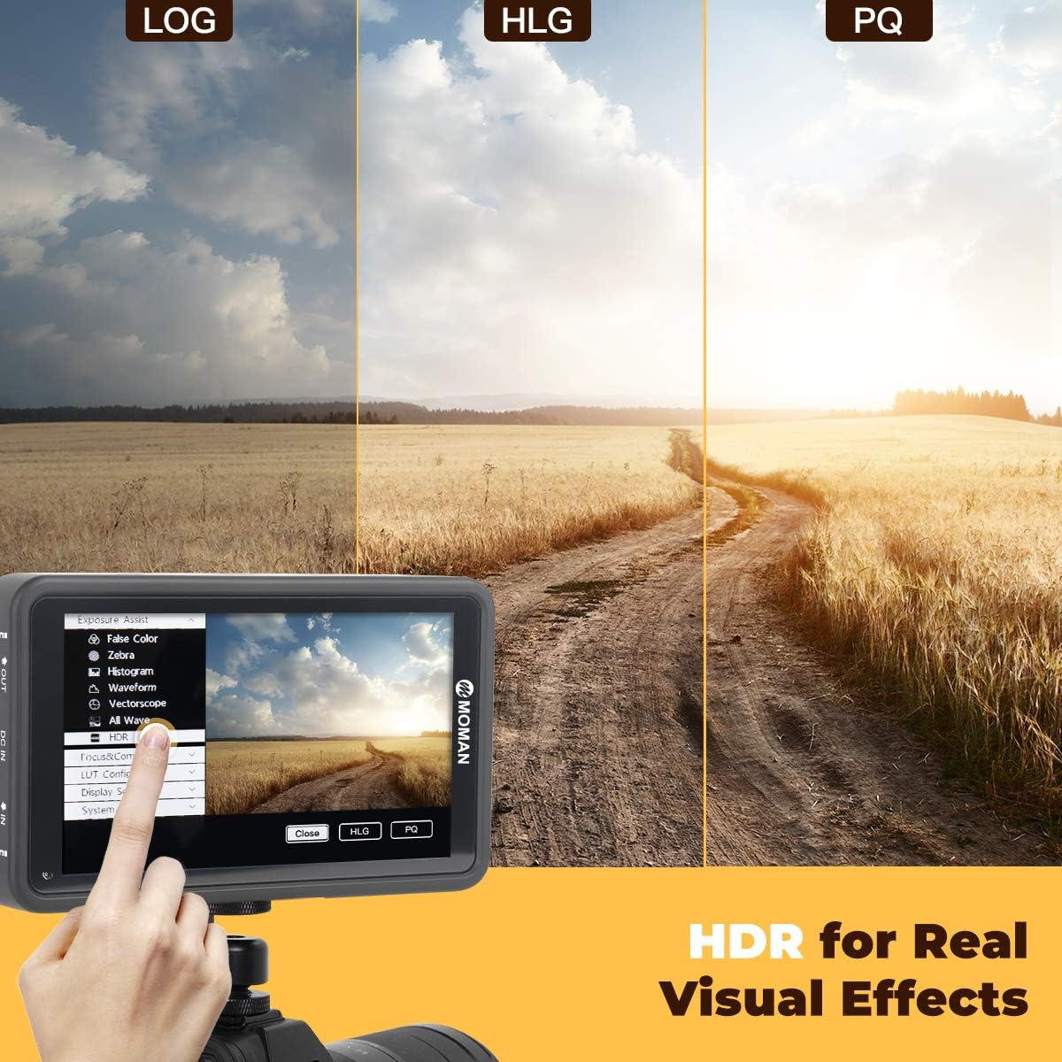 Moman M5 monitor showing 3D LUT configuration with before and after image examples