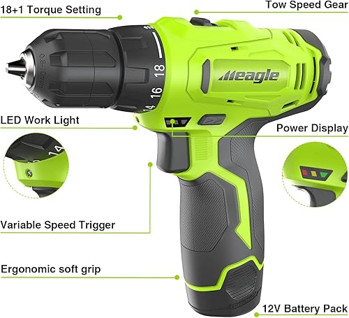 Miniatura 2 de Meagle Taladro inalámbrico juego de taladro eléctrico de 12 V con batería y cargador 2 brocas eléctricas de velocidad variable 181 ajuste de par