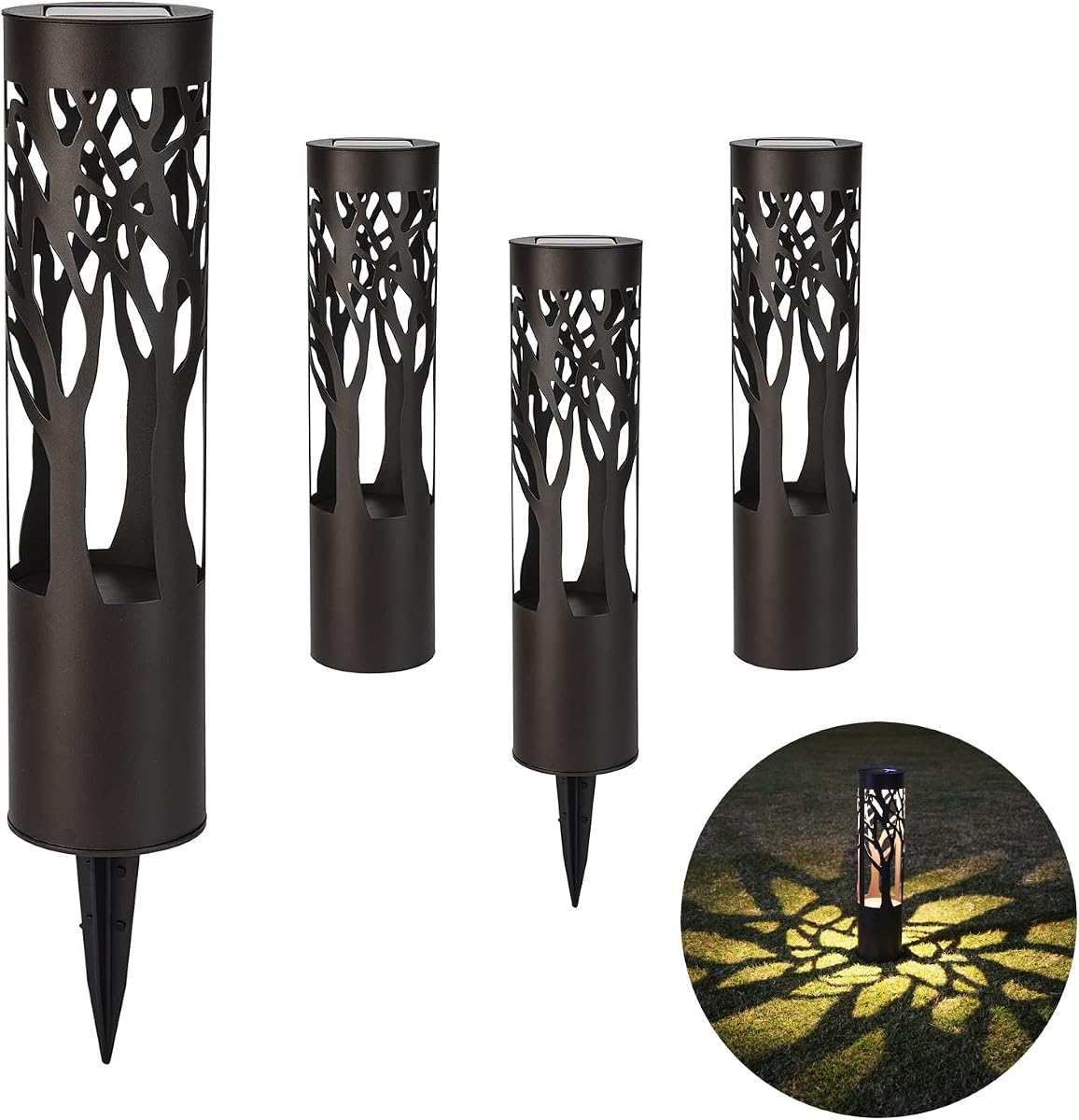 Paquete de 4 luces solares para caminos al aire libre, iluminación de paisaje, luces solares de polvo al amanecer para decoración de jardín, luces de camino de metal con energía solar para patio, césped, patio, pasarela, amarillo cálido