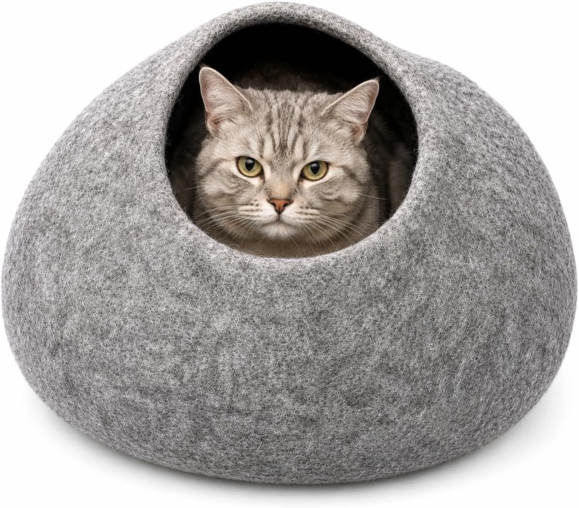 Felt Cat Cave Bed for Indoor Cats – Handmade Wool Pet House, Cozy Enclosed Cat Nest, Warm Igloo Hideaway for Small Cats & Kittens, Modern Gray Cat Sleeping Pod