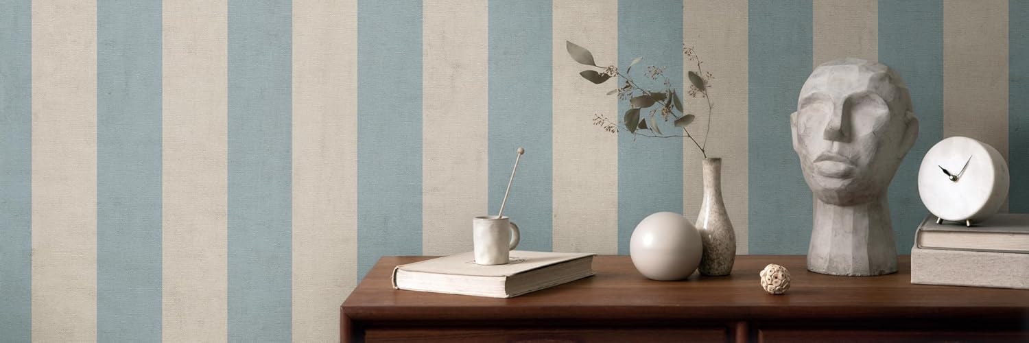 Livingwalls Anna D'Andrea 782263 Non-Woven Wallpaper Stripes 10.05 m x 0.53 m Blue Beige Wallpaper Block Stripes