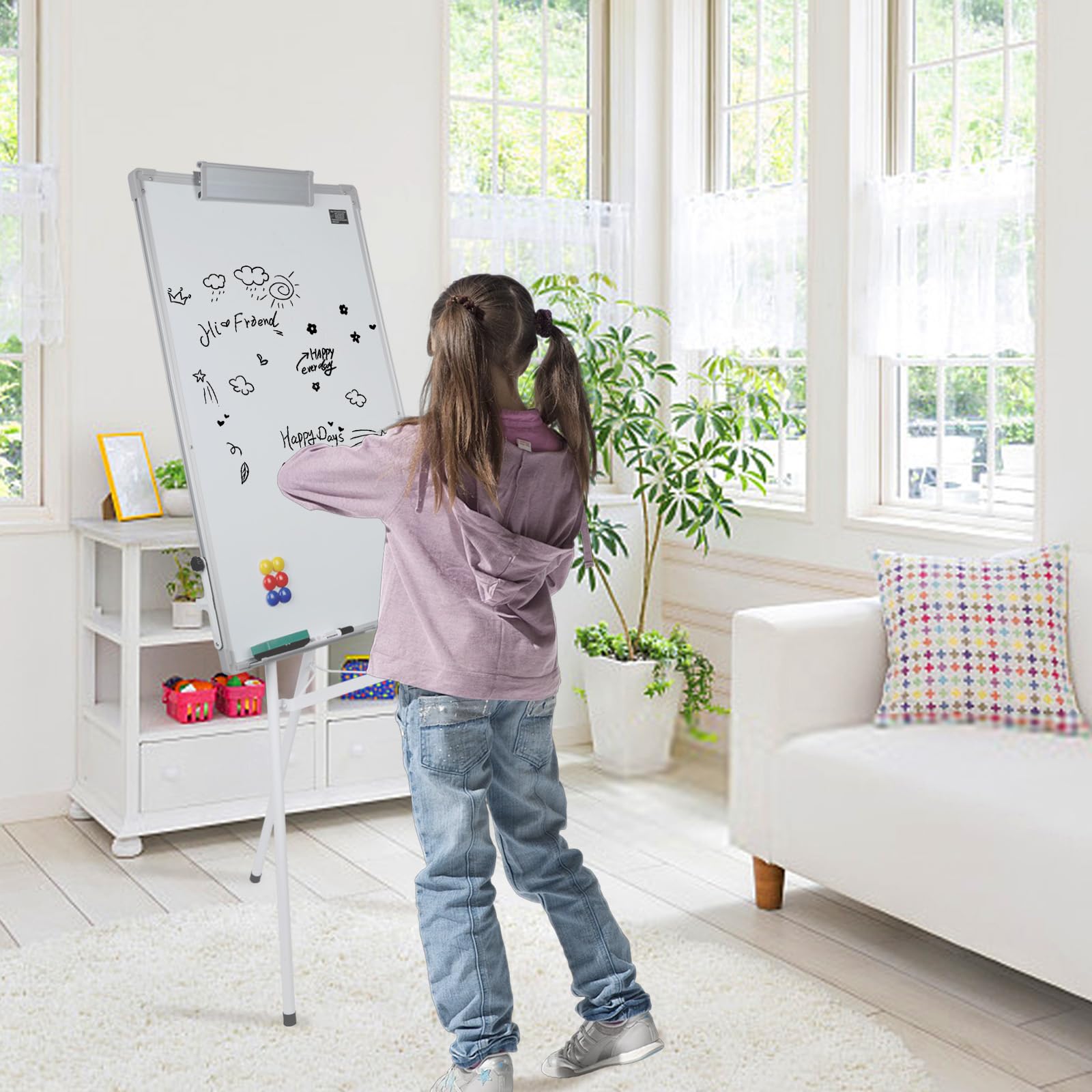 OHMG - Lavagna Bianca Cancellabile su Cavalletto, Efficace a Secco, Magnetica, Altezza Regolabile con Supporto, Mobile, Portablocco per Conferenze (70 * 90 cm - Bianco)