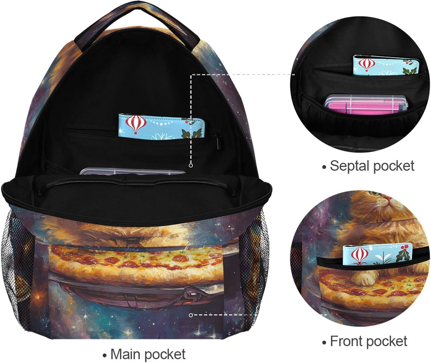 Wamika Pizza Cat Backpack for School Galaxy Space Kitty Girls Boys Backpack Bookbag Kids Children Teens Backpacks for Age 6-16 M