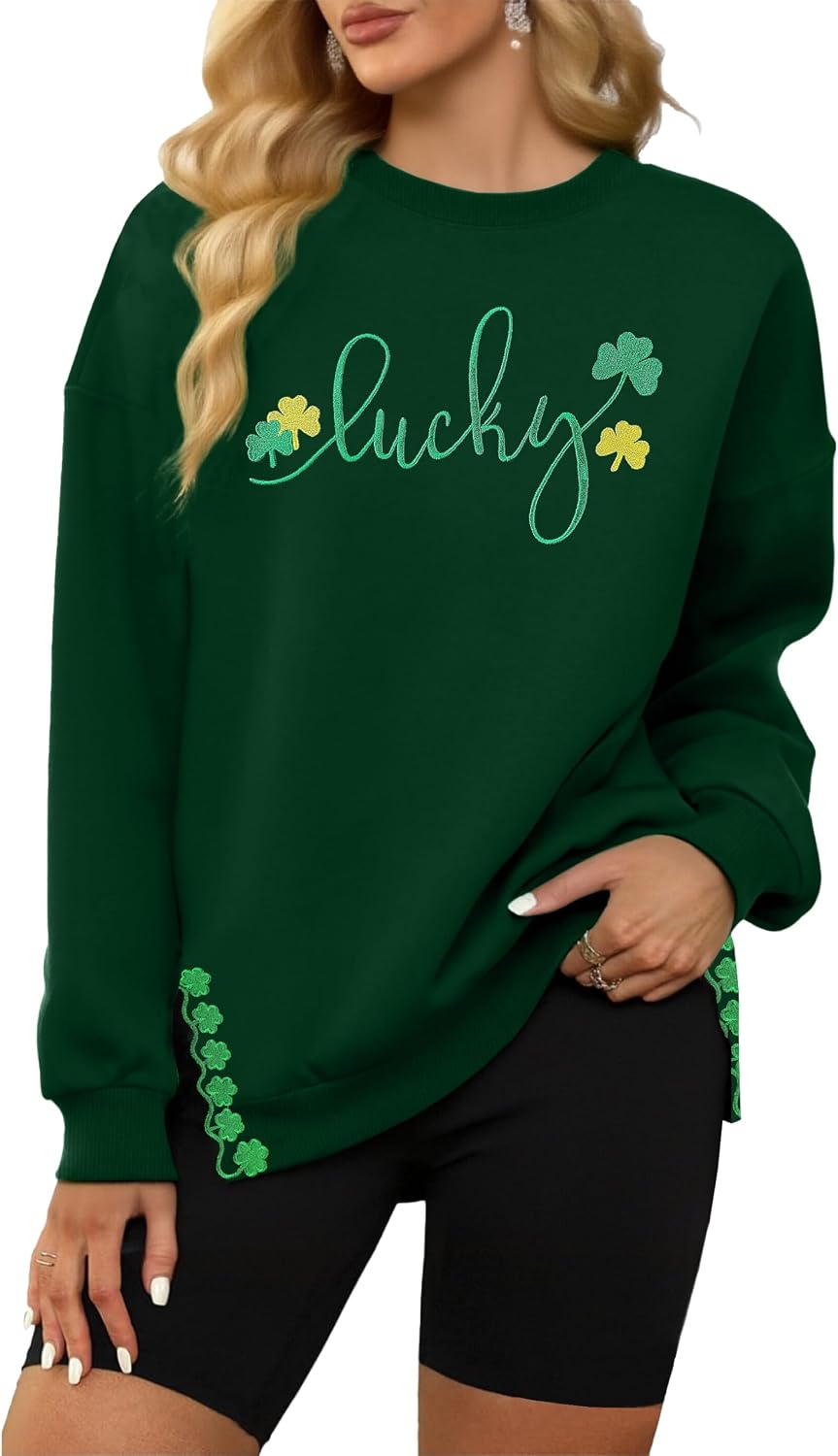 hohololo St Patricks Day Sweatshirt Women Lucky Shamrock Shirt Embroidered Irish Clover Long Sleeve Casual Pullover Top