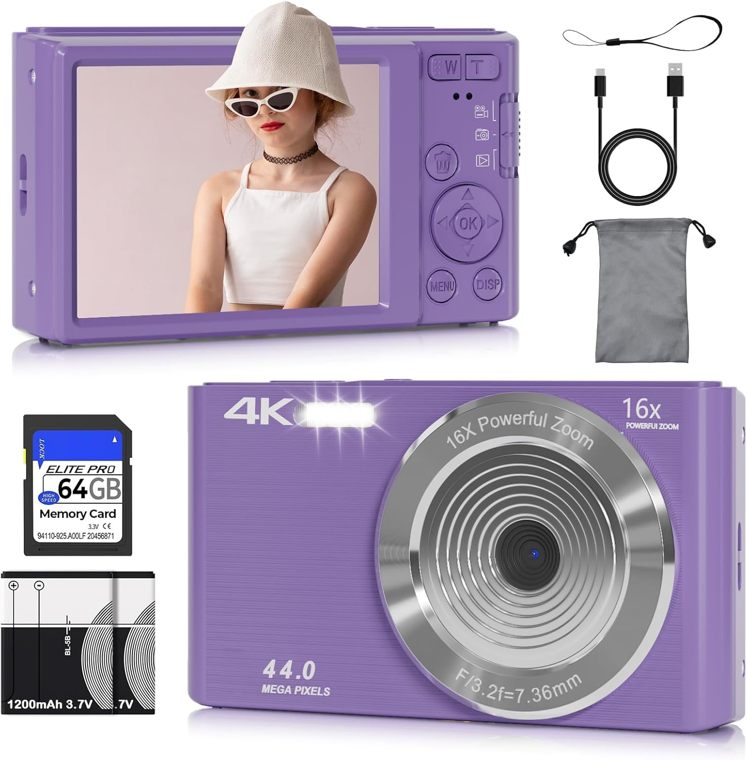 Digital Camera for Kids, FHD 4K 44MP Auto Focus Vlogging Camera with 64GB SD Card Compact Point and Shoot Cameras 16X Zoom Portable Small Camera Gifts for Teens Kids Boys Girls Adult Beginner (Purple)