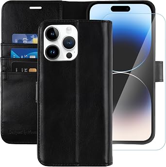 MONASAY Wallet Case Compatible for iPhone 14 Pro 5G, [Glass Screen Protector Included] [RFID Blocking] Flip Folio Leather Cell Phone Cover with Credit Card Holder, 6.1-inch, Black