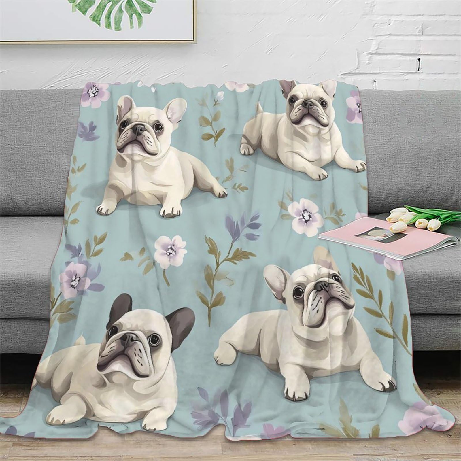 stampa 3D French Bulldog carino coperta da viaggio microfibra biancheria da letto compatta coperta da viaggio morbida per giovani in vacanza Illustration dolce 70×80inch(180x200cm)