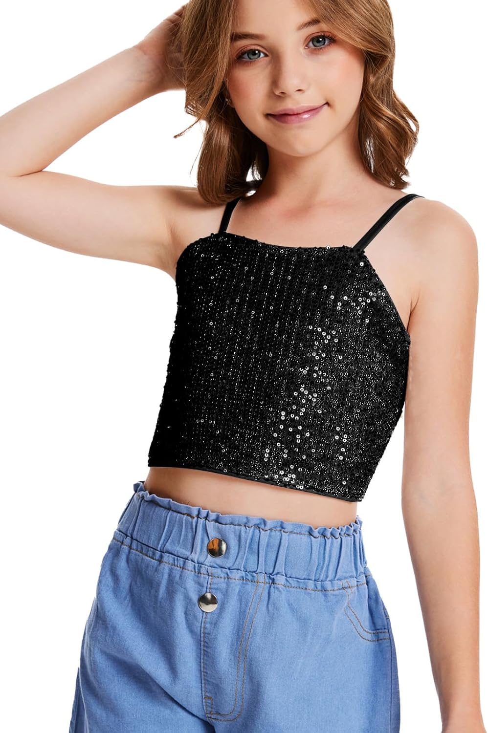 Girls Sleeveless Tank Top Sequin Spaghetti Strap Crop Cami Camisole Sparkly Dance Blouse - Image 2