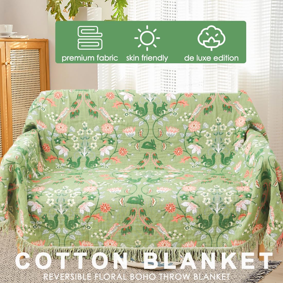 Plaid Canapé Boho 200x230cm - Coton Réversible Floral Vert Beige Avec Pompons