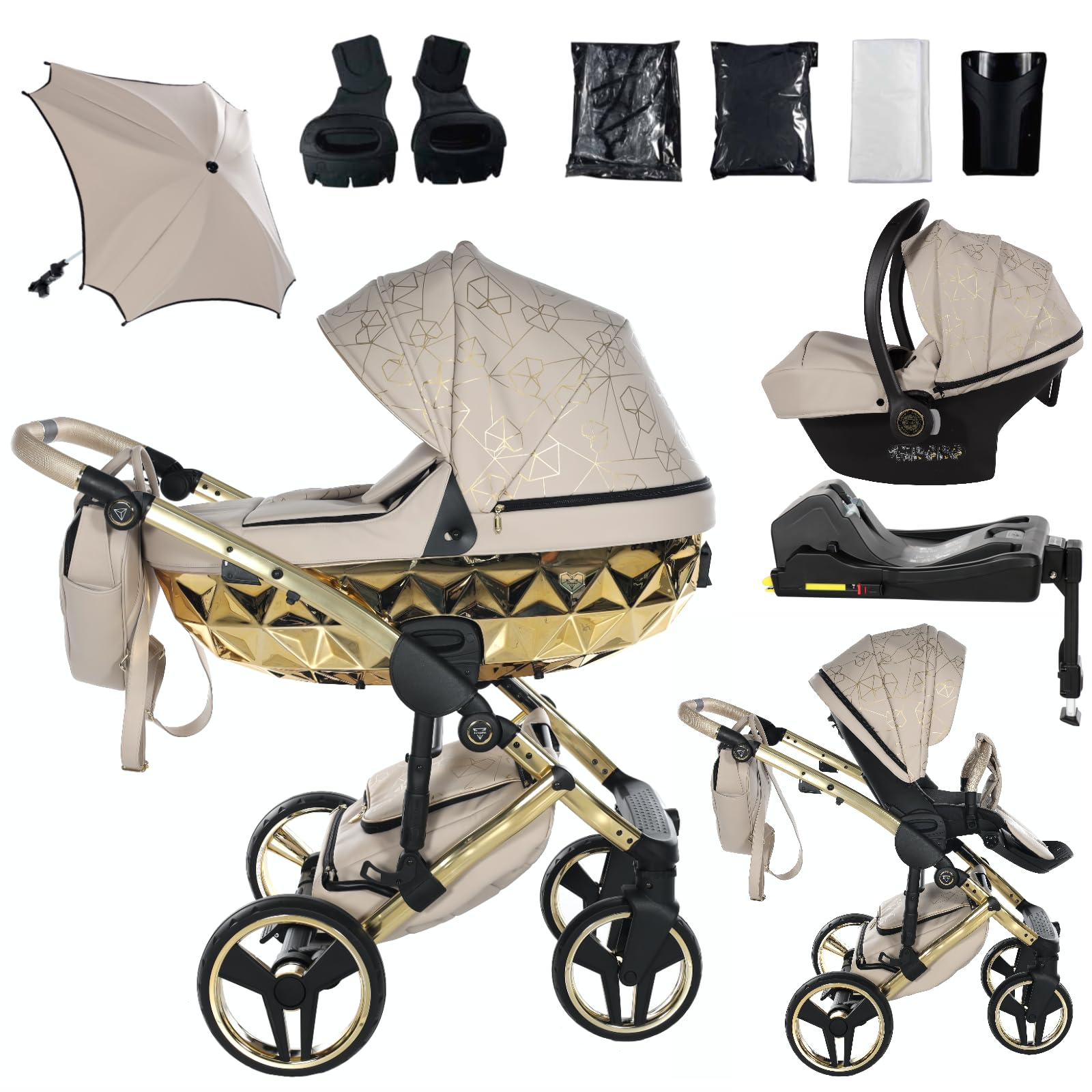 Junama Passeggino TRIO Heart 07 Beige e Oro - 2in1 3in1 4in1 + ombrellino (4 in 1 Base ISOFIX)