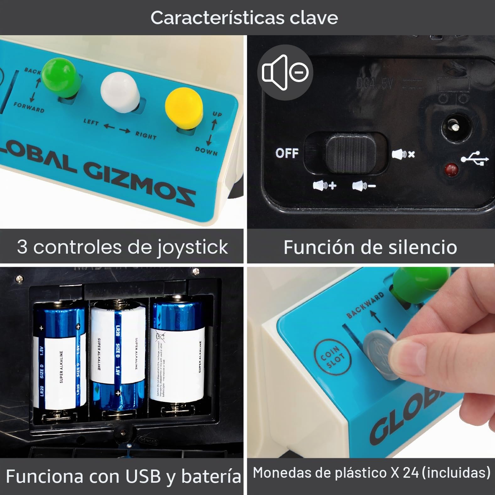 Global Gizmos 50189 Candy Grabber/Claw Machine Arcade Game para niños/Controles de Joystick/Monedas Incluidas/batería o USB/Color Negro
