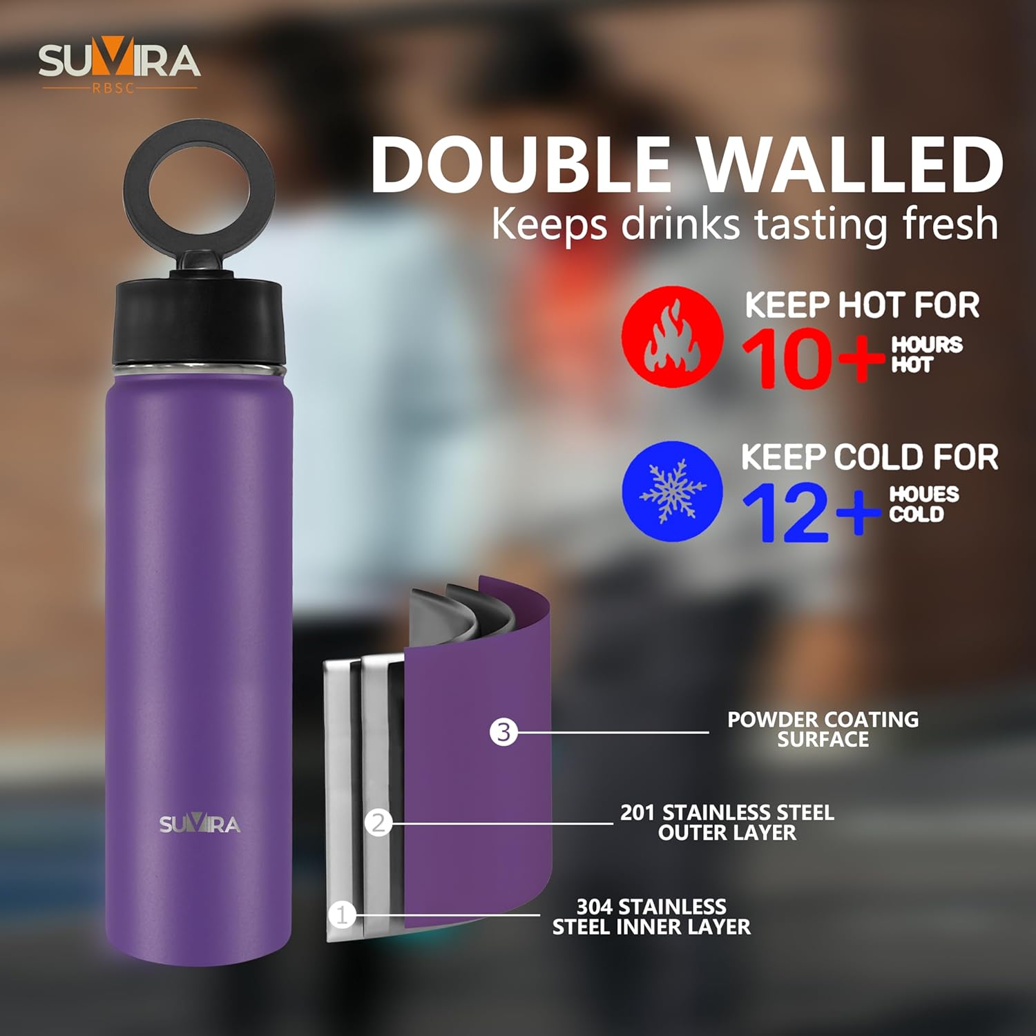 Insulated Water Bottle 25 & 32Oz with Magnetic Phone Holder Lid – Double Wall Stainless Steel, Leakproof, Keeps Ice 48 Hours, Gym & Outdoor, BPA-Free. (Purple, 25 Ounces)