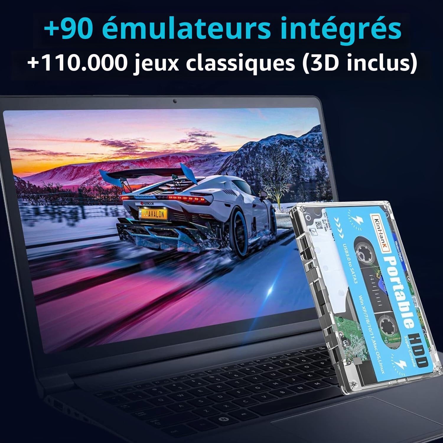 Kinhank SVP Game Disque Dur Externe Portable 500 Go HDD Intégré avec +111 000 Jeux, Batterie 33 avec Plus de 80 Emulateurs Classiques et AAA, Supporte Windows et MacOS