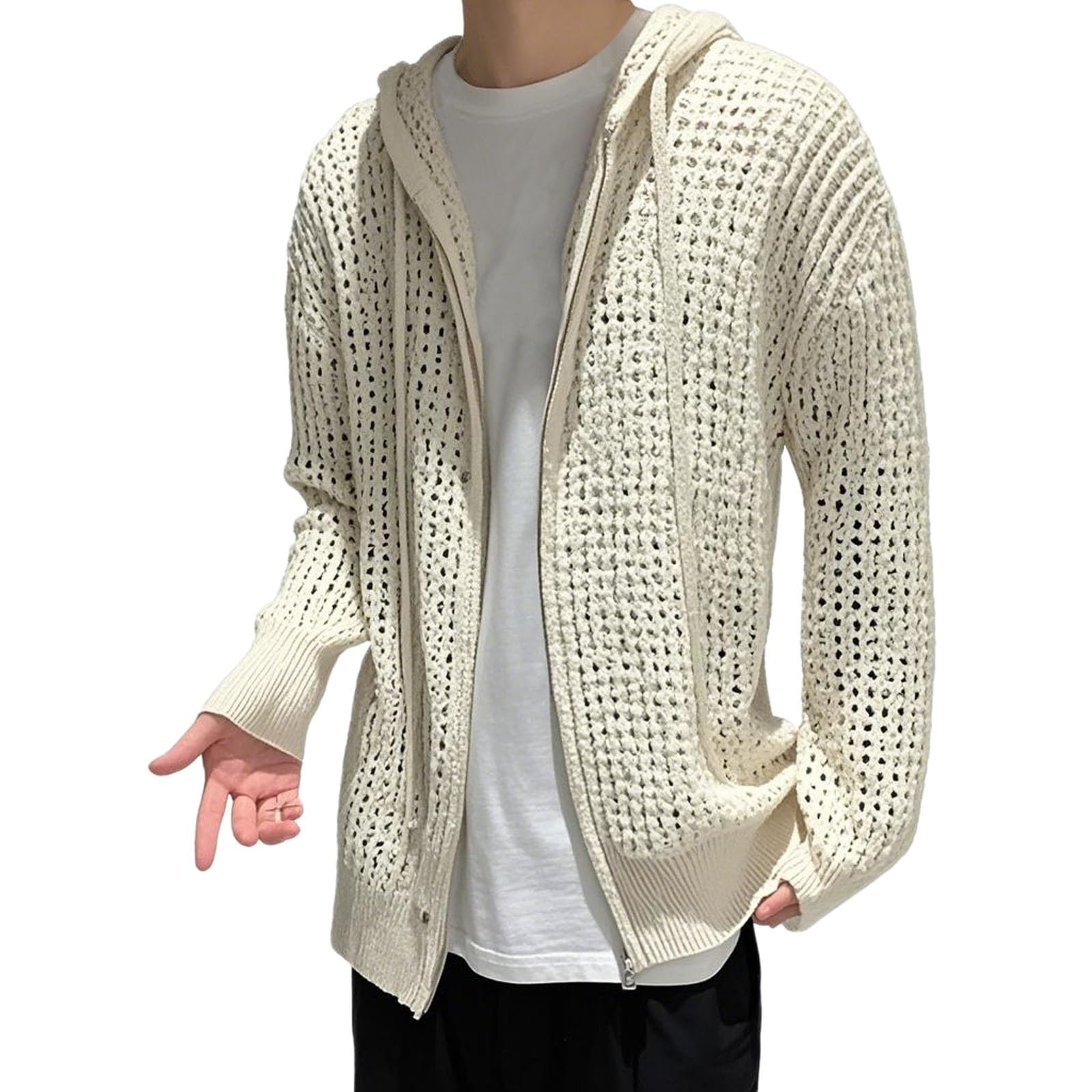 Cardigan estivo da uomo, leggero, a rete, casual, lavorato a maglia, morbido, confortevole, con cappuccio, a maniche lunghe, aperto, in rete, cardigan