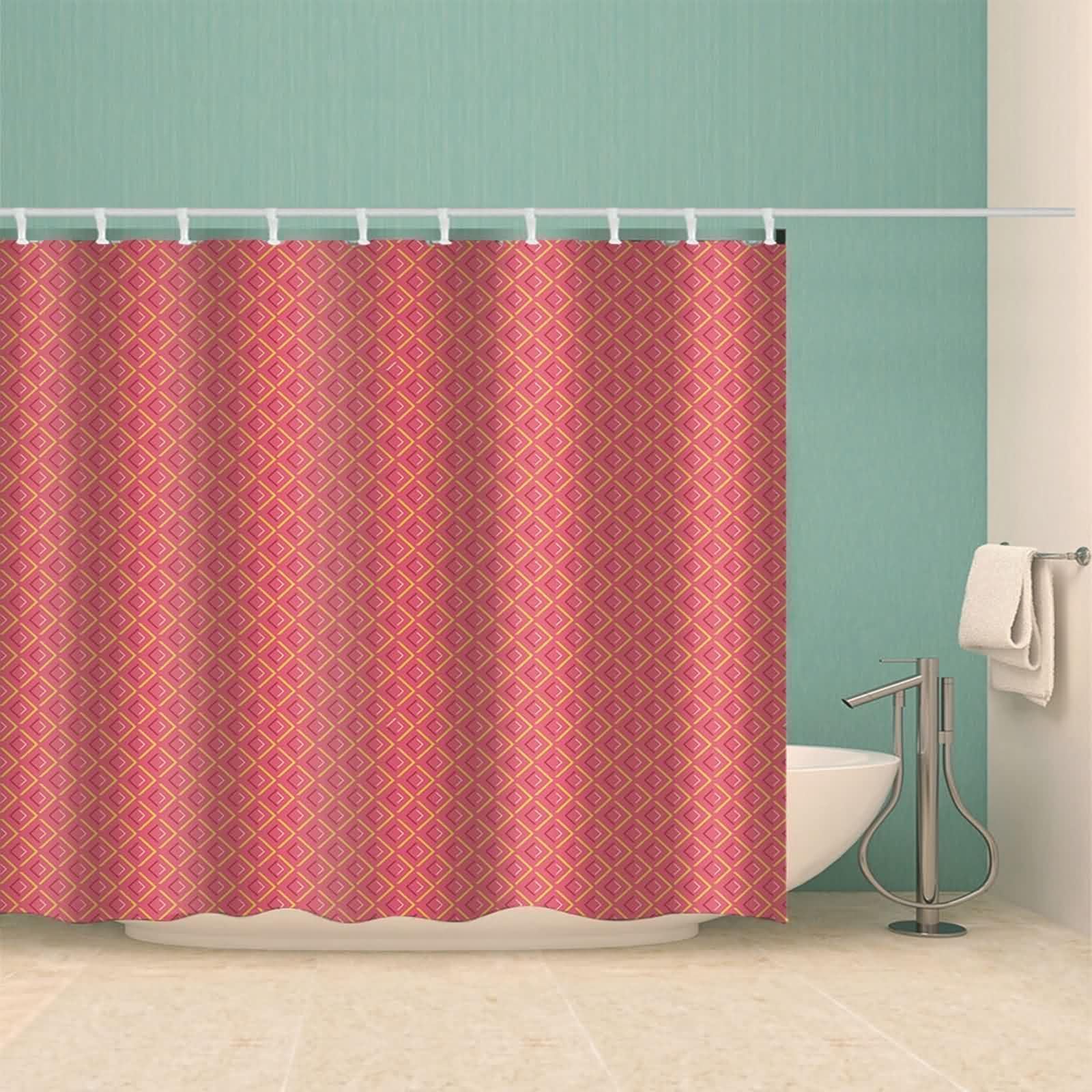 Tenda da doccia in tessuto rosa, rosso, piccola fantasia quadrata, in tessuto di poliestere, resistente alla muffa, lavabile con anelli per tenda da doccia