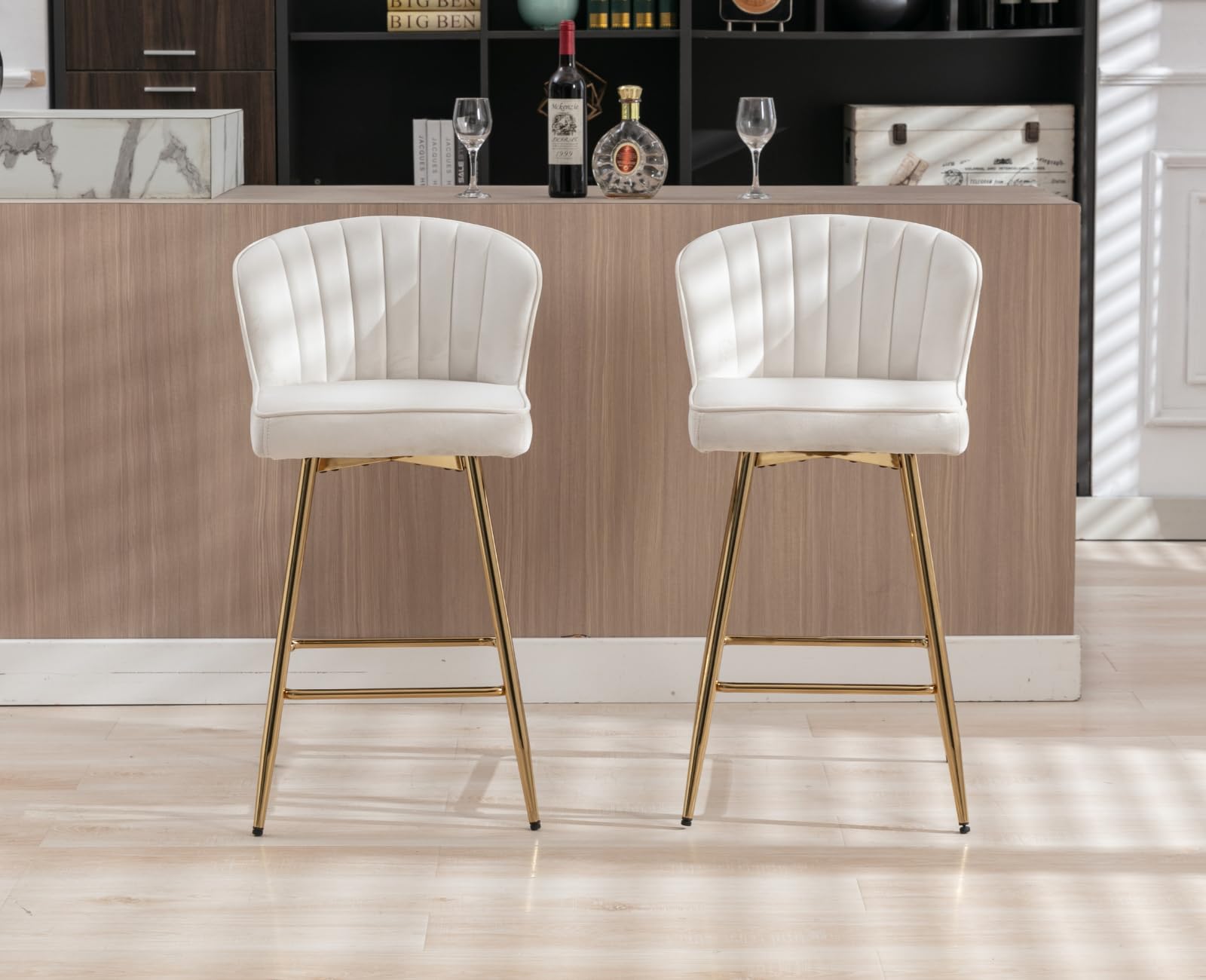 Ya-Home Set di 2 Sgabelli da Bar in Velluto con Gambe in Metallo Dorato, Beige