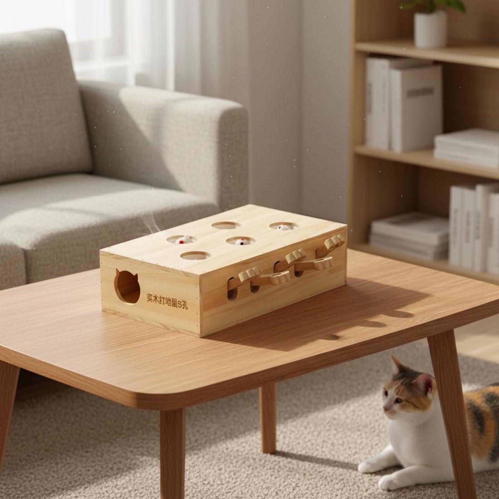 Interaktives Katzenspiel Katzenspielzeug Holzspielbox Beschäftigungsspiel Anregung Zum Natürlichen des Jagdtriebs für Innenräume Tierfreunde Singlehaushalt, Acht-Loch-Design