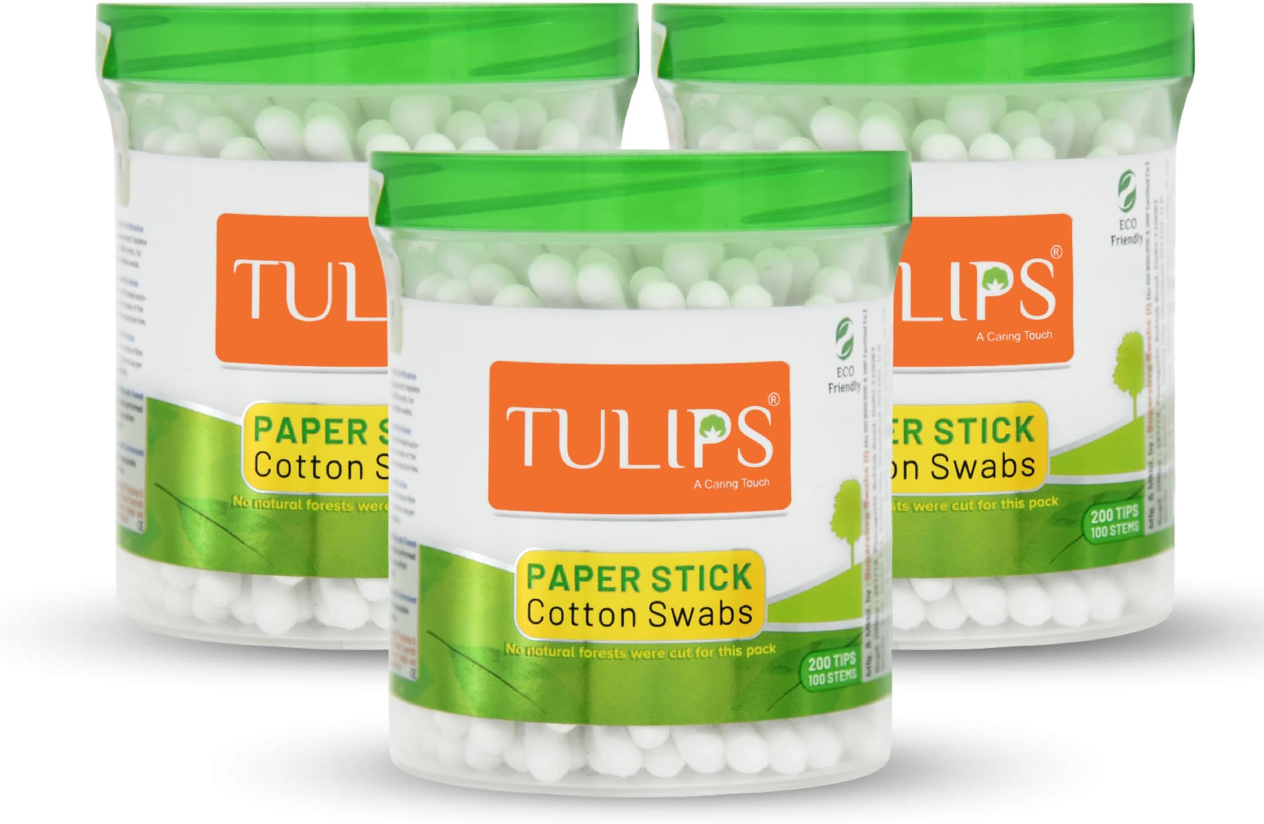 TULIPS Cotton Ear Buds/Swabs (pack of 3) with White PAPER Sticks (100/200 Tips) in a Jar