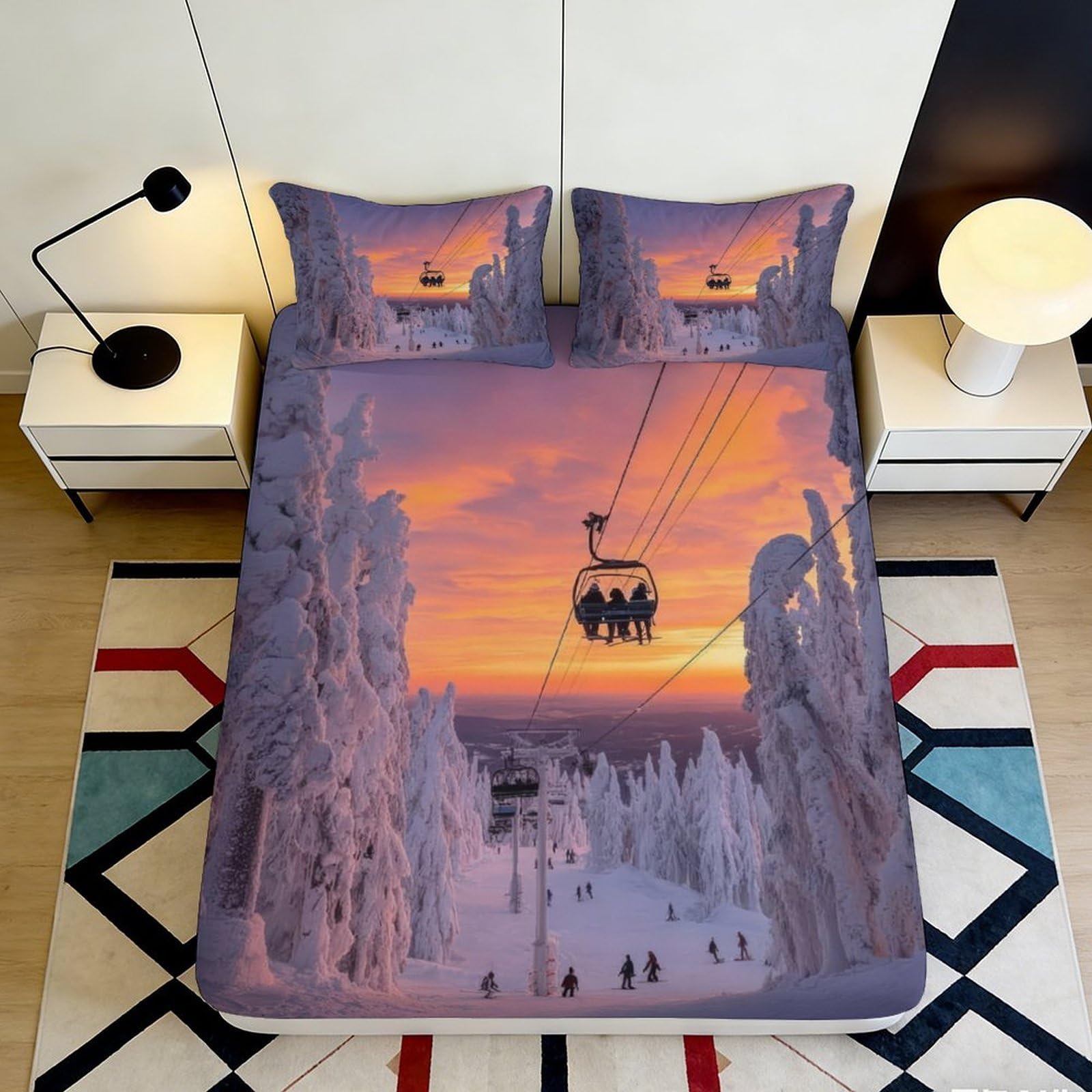 3D Printed Winter Snow Landscape Fitted Sheet Microfiber Soft Durable Sunset Ski Lift Mattress Cover for Bedroom Dormitory Guest Room Protection 180x200x25cm
