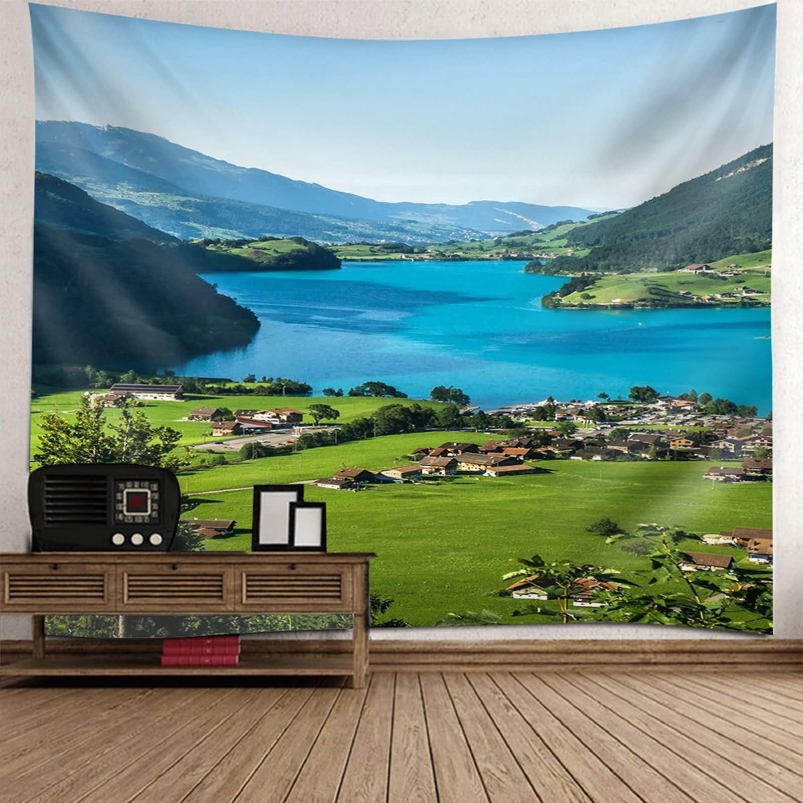Homxi Tappeto da Parete 260 x 240 CM,Paesaggio Montagna e Lago Villaggio Poliestere Tapestry Wall Blu Verde