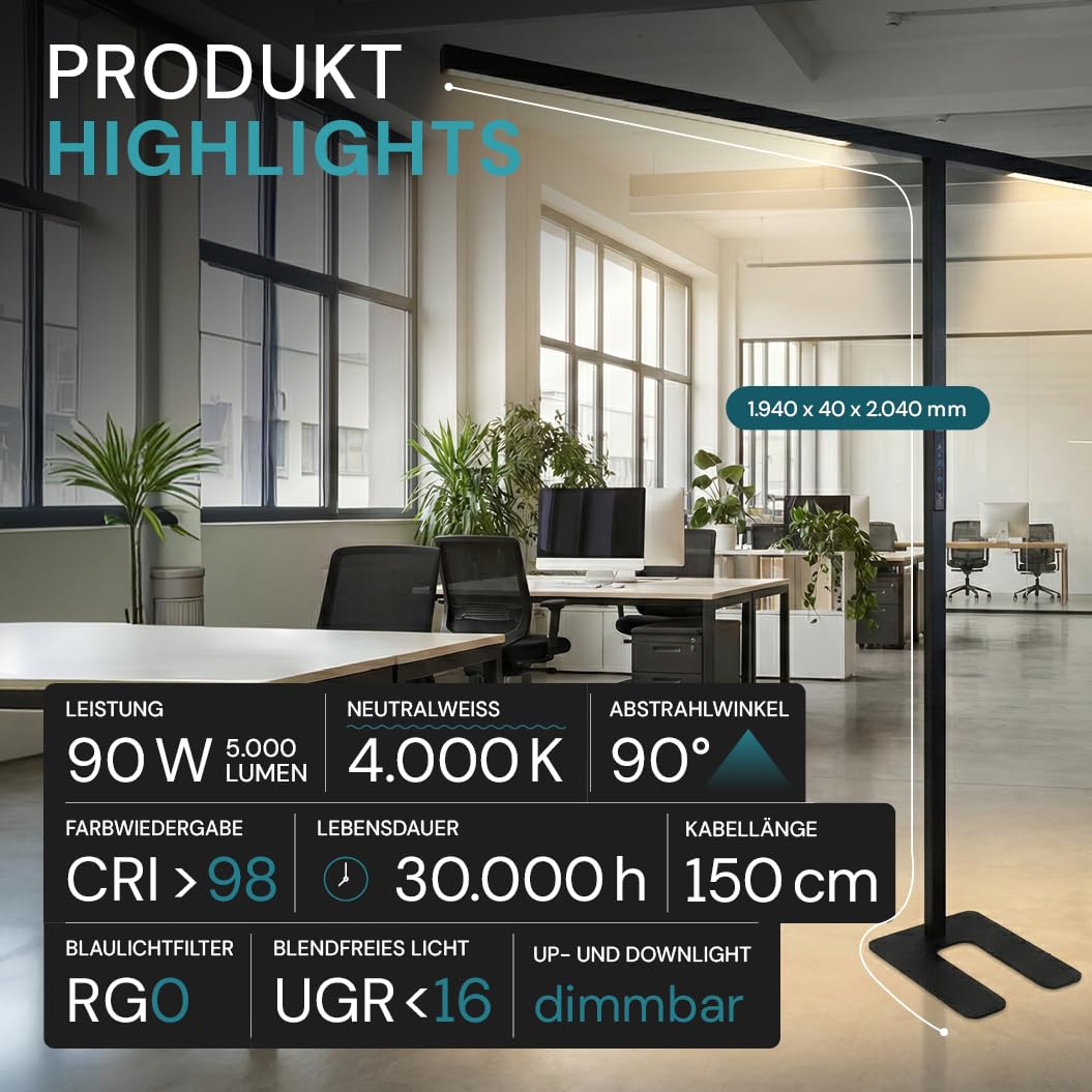 LUXULA Büro Stehleuchte LED Up/Down - Stehlampe Büro für Schreibtisch Homeoffice, dimmbar per Touch - 90W 5000lm, 4000K Neutralweiß, UGR<16 blendarm, CRI 98 farbtreu, Automatikdimmung, Schwarz