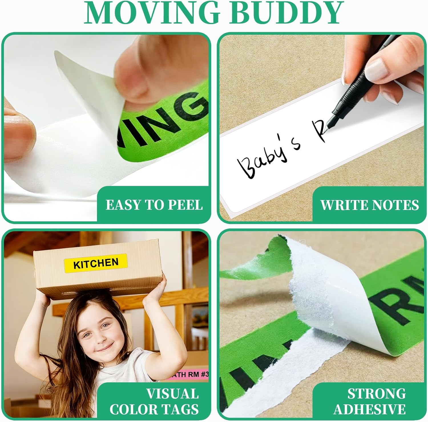 Moving Box Labels – 1440 PCS (24 Rolls) Color Coded Room Stickers, 1''x4.5'' Strong Adhesive Home Packing Stickers for Boxes of Bedroom, Kitchen, Garage, Fragile & Heavy Item Warning Labels, BIAlabel - Image 4