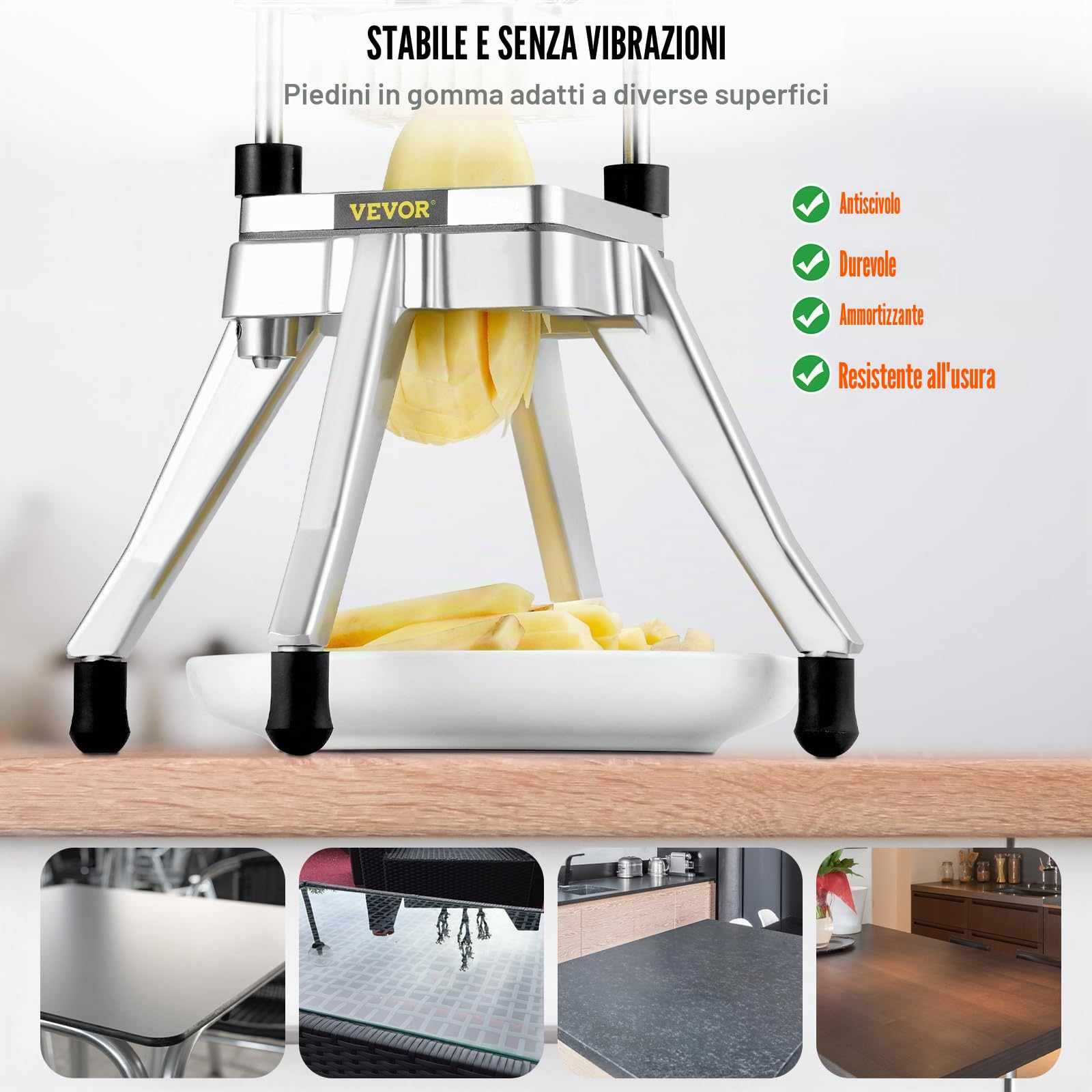 VEVOR Tritatutto Manuale Taglierina Manuale Patatine Verdure Frutta Lame in Acciaio Inox da 1/2" 1/4" 3/8", Tritatutto Commerciale Taglierina per Bastoncini Alimenti Frutta Verdure Manico Ergonomico