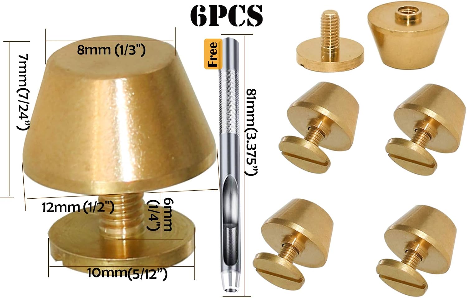 1/2"-Brass-Purse-Feetfor Handbag Flat-Head-Solid-Brass-Handbag-Screws Screw Metal Collar Belt Shoes Case Motorcycle Toys Pets Furs Jeans for Leather Crafts (Gold, 6PACK Flat)