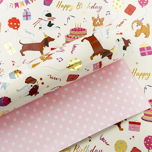 Yarcony Papel de regalo de cumpleaños color crema para perro, reversible con diseño de puntos rosados, envoltura de regalo para cumpleaños, baby
