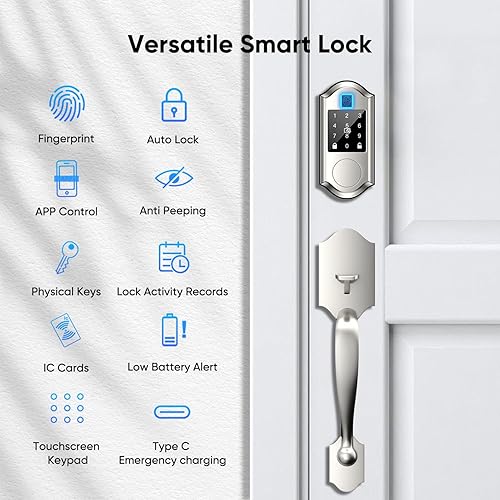 Miniatura 2 de Juego de cerraduras inteligentes para puerta delantera, cerradura de puerta de entrada sin llave con asa, cerraduras inteligentes para puerta