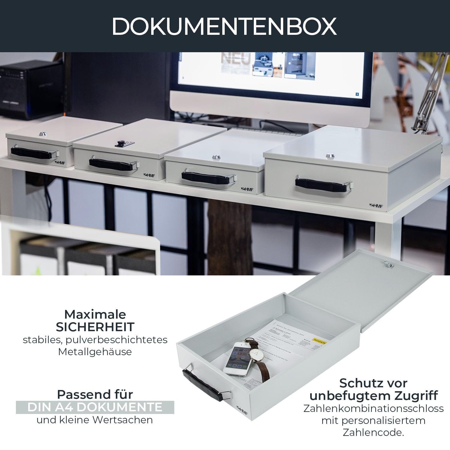 HMF 1413-07 Abschließbare Dokumentenkassette mit Zahlenschloss | DIN A4 | Lichtgrau