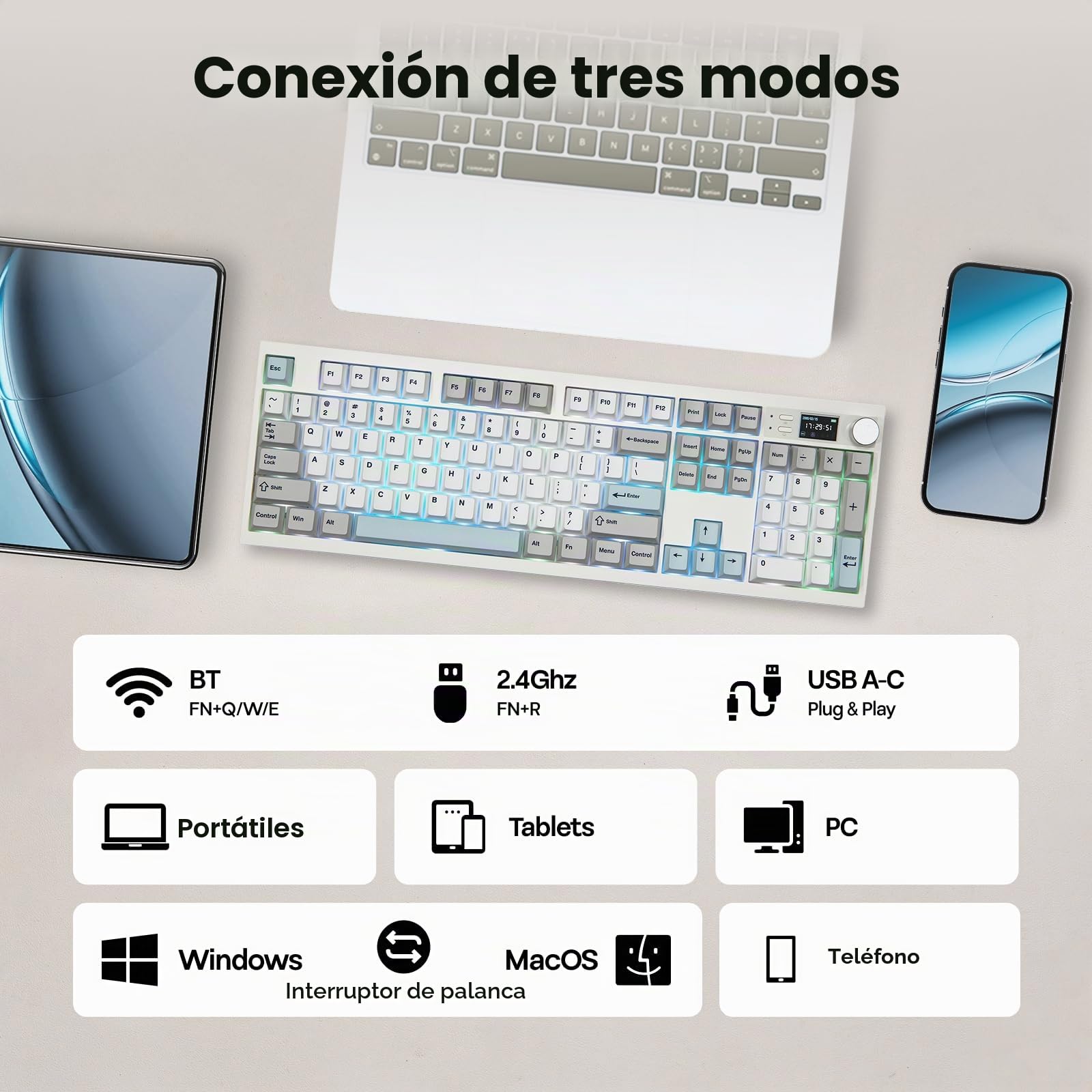 EPOMAKER QK108 Teclado Gaming Mecánico Inalámbrico con Pantalla y Perilla | Tamaño Completo, 8000mAh, QMK/Via, Cremoso y Sólido, Gasket, RGB, Hot-Swap, Teclas de Mac, 2.4G/BT, Wisteria Linear Switch